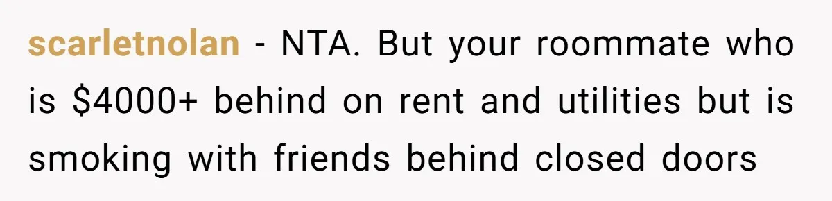 scarletnolan − NTA. But your roommate who is $4000+ behind on rent and utilities but is smoking with friends behind closed doors