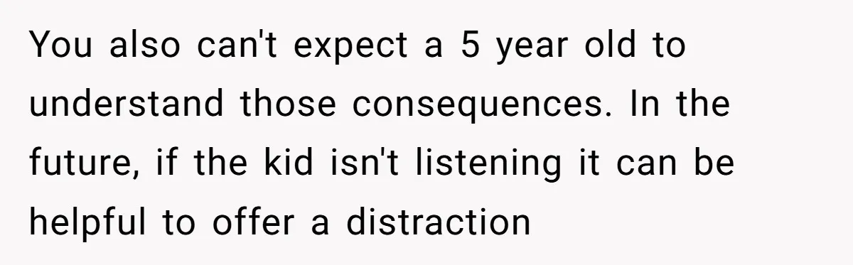 You also can't expect a 5 year old to understand those consequences. In the future, if the kid isn't listening it can be helpful to offer a distraction