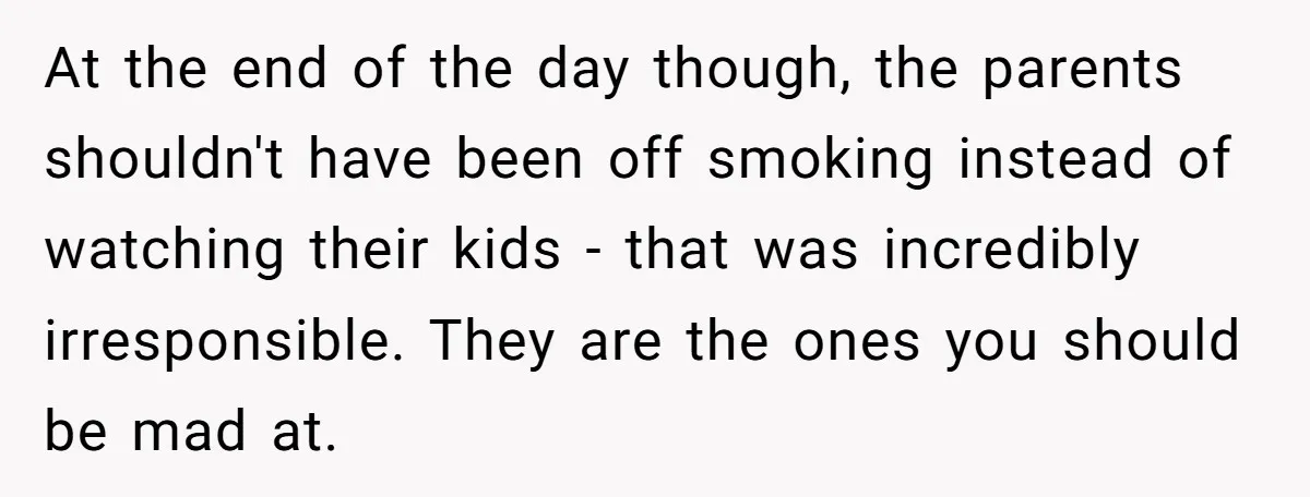 At the end of the day though, the parents shouldn't have been off smoking instead of watching their kids - that was incredibly irresponsible. They are the ones you should...