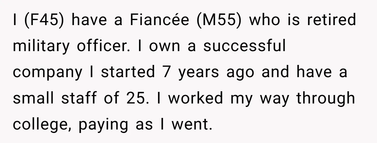 I (F45) have a Fiancée (M55) who is retired military officer. I own a successful company I started 7 years ago and have a small staff of 25. I worked...