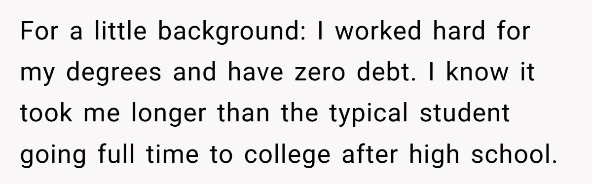 For a little background: I worked hard for my degrees and have zero debt. I know it took me longer than the typical student going full time to college after...