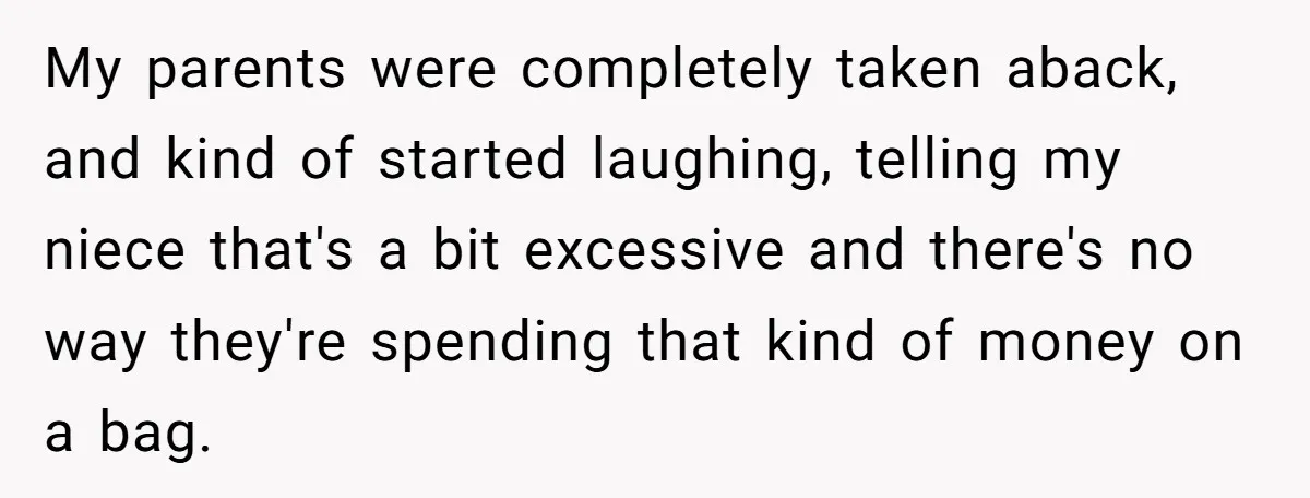 My parents were completely taken aback, and kind of started laughing, telling my niece that's a bit excessive and there's no way they're spending that kind of money on a...