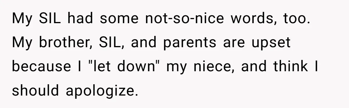 My SIL had some not-so-nice words, too. My brother, SIL, and parents are upset because I "let down" my niece, and think I should apologize.