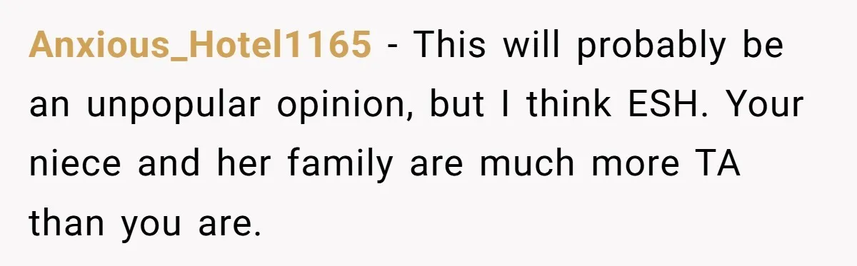 Anxious_Hotel1165 − This will probably be an unpopular opinion, but I think ESH. Your niece and her family are much more TA than you are.