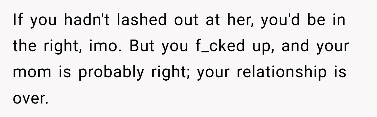 If you hadn't lashed out at her, you'd be in the right, imo. But you f_cked up, and your mom is probably right; your relationship is over.