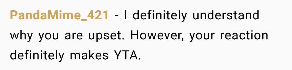 PandaMime_421 − I definitely understand why you are upset. However, your reaction definitely makes YTA.