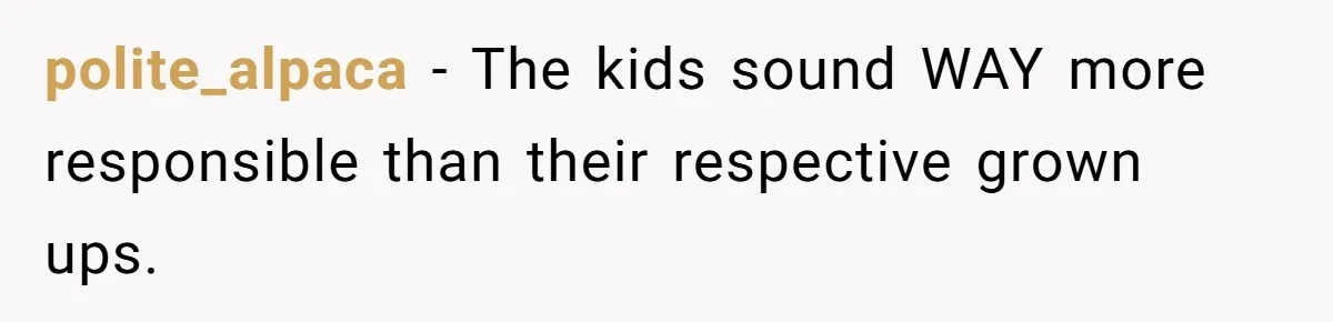 polite_alpaca − The kids sound WAY more responsible than their respective grown ups.