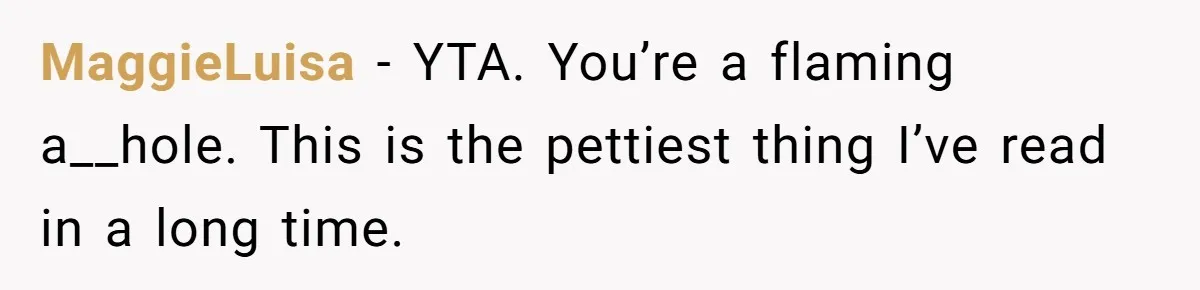 MaggieLuisa − YTA. You’re a flaming a__hole. This is the pettiest thing I’ve read in a long time.