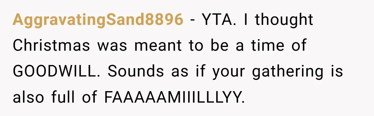 AggravatingSand8896 − YTA. I thought Christmas was meant to be a time of GOODWILL. Sounds as if your gathering is also full of FAAAAAMIIILLLYY.