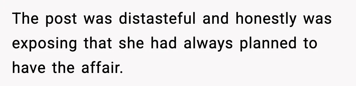 The post was distasteful and honestly was exposing that she had always planned to have the affair.