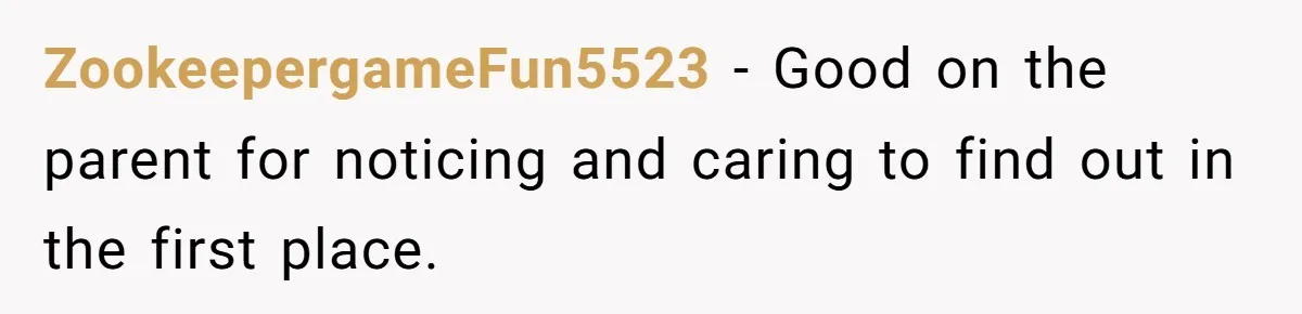 ZookeepergameFun5523 − Good on the parent for noticing and caring to find out in the first place.
