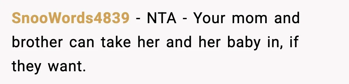 SnooWords4839 − NTA - Your mom and brother can take her and her baby in, if they want.