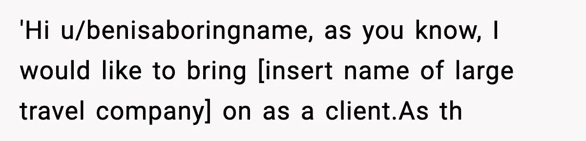 'Hi u/benisaboringname, as you know, I would like to bring [insert name of large travel company] on as a client.As th