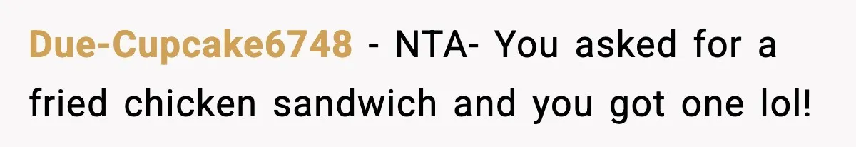 Due-Cupcake6748 − NTA- You asked for a fried chicken sandwich and you got one lol!