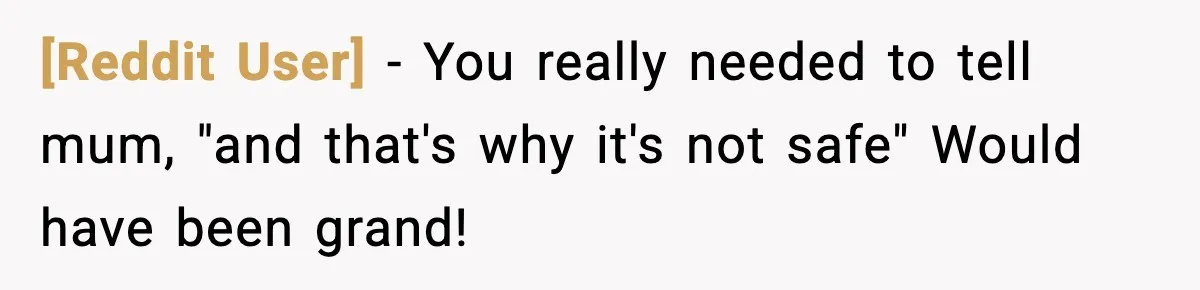 [Reddit User] − You really needed to tell mum, "and that's why it's not safe" Would have been grand!