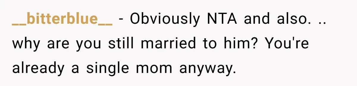 __bitterblue__ − Obviously NTA and also. .. why are you still married to him? You're already a single mom anyway.
