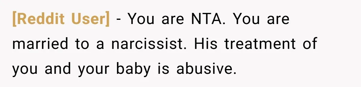 [Reddit User] − You are NTA. You are married to a narcissist. His treatment of you and your baby is abusive.