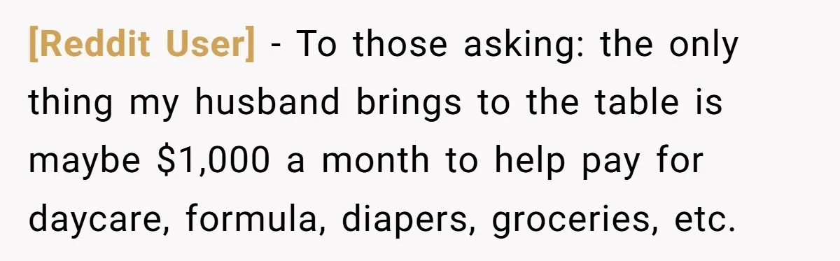 [Reddit User] − To those asking: the only thing my husband brings to the table is maybe $1,000 a month to help pay for daycare, formula, diapers, groceries, etc.