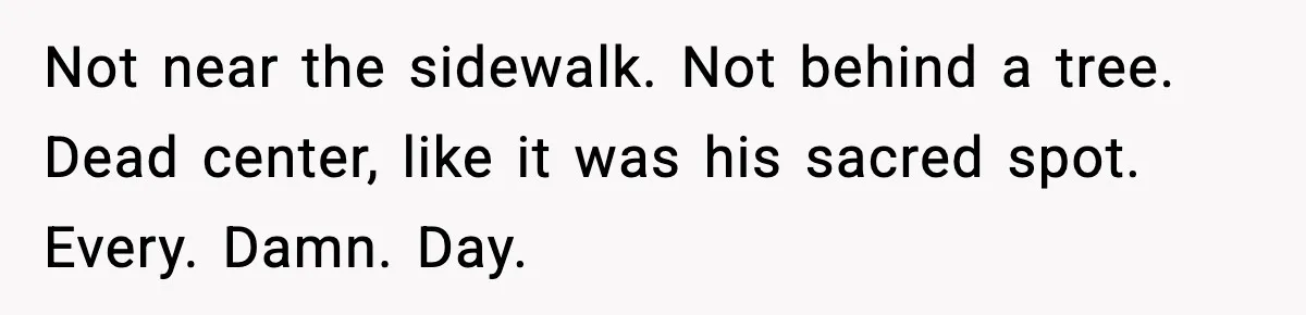 Not near the sidewalk. Not behind a tree. Dead center, like it was his sacred spot. Every. Damn. Day.