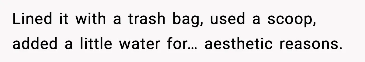 Lined it with a trash bag, used a scoop, added a little water for… aesthetic reasons.