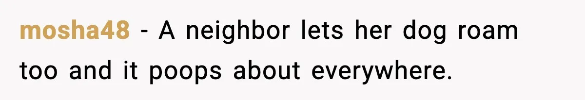mosha48 − A neighbor lets her dog roam too and it poops about everywhere.