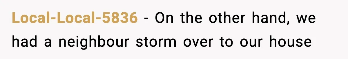 Local-Local-5836 − On the other hand, we had a neighbour storm over to our house