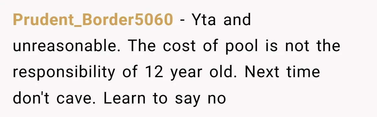 Prudent_Border5060 − Yta and unreasonable. The cost of pool is not the responsibility of 12 year old. Next time don't cave. Learn to say no