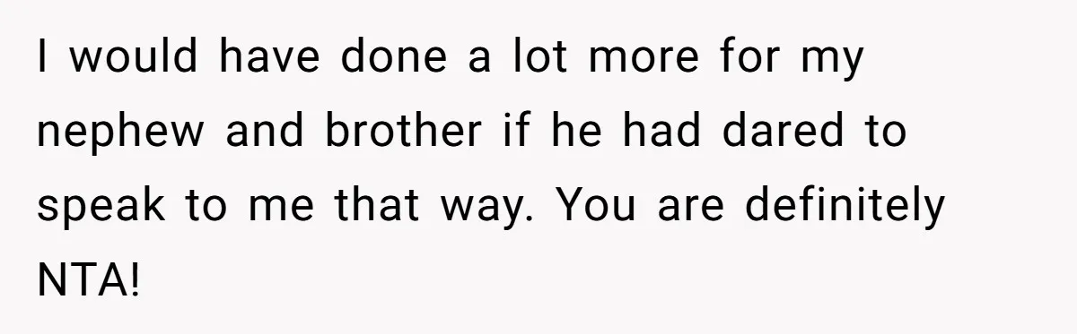 I would have done a lot more for my nephew and brother if he had dared to speak to me that way. You are definitely NTA!