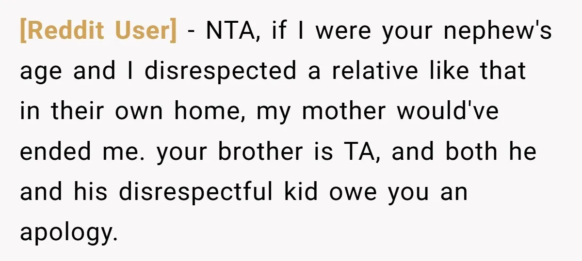 [Reddit User] − NTA, if I were your nephew's age and I disrespected a relative like that in their own home, my mother would've ended me. your brother is TA,...