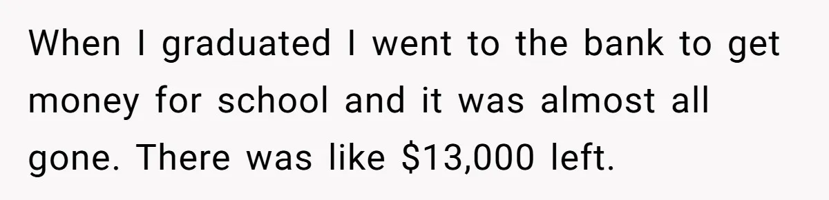 When I graduated I went to the bank to get money for school and it was almost all gone. There was like $13,000 left.