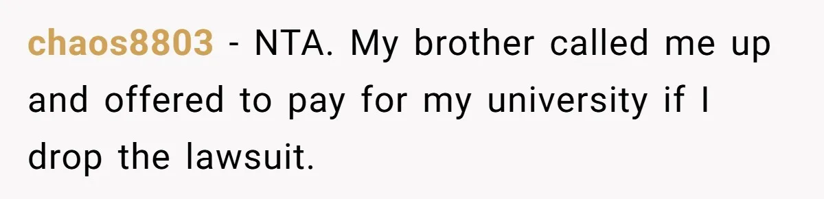chaos8803 − NTA. My brother called me up and offered to pay for my university if I drop the lawsuit.