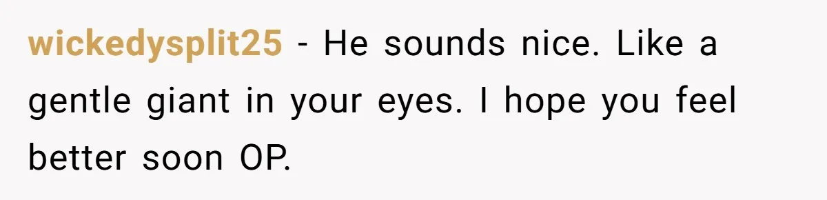 wickedysplit25 − He sounds nice. Like a gentle giant in your eyes. I hope you feel better soon OP.