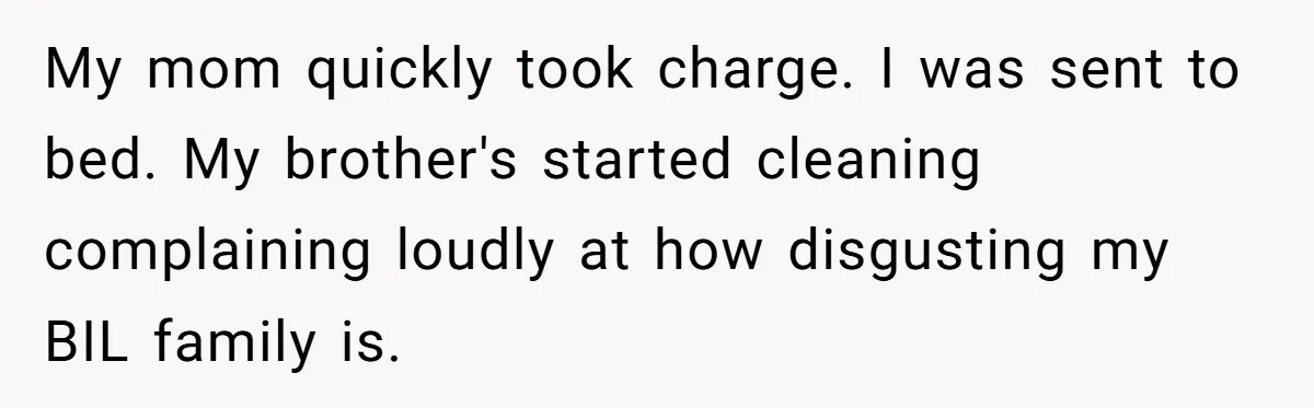 My mom quickly took charge. I was sent to bed. My brother's started cleaning complaining loudly at how disgusting my BIL family is.