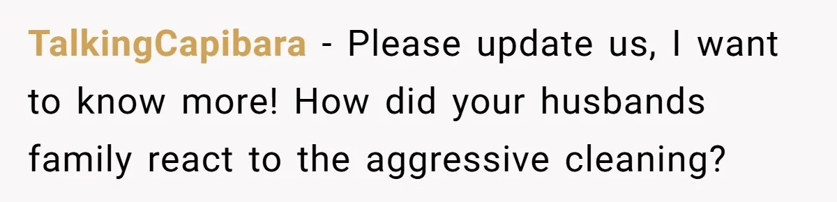 TalkingCapibara − Please update us, I want to know more! How did your husbands family react to the aggressive cleaning?