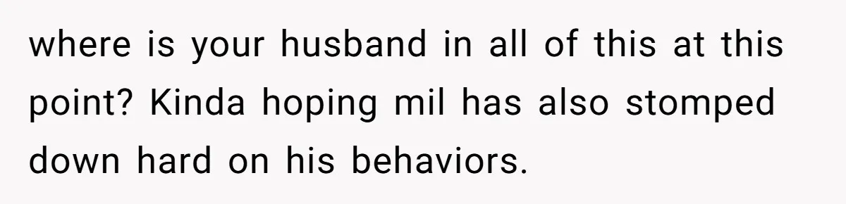 where is your husband in all of this at this point? Kinda hoping mil has also stomped down hard on his behaviors.