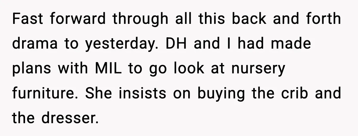 Fast forward through all this back and forth drama to yesterday. DH and I had made plans with MIL to go look at nursery furniture. She insists on buying the...