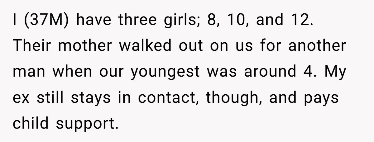 I (37M) have three girls; 8, 10, and 12. Their mother walked out on us for another man when our youngest was around 4. My ex still stays in contact,...