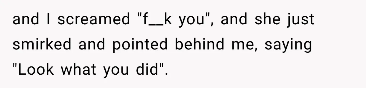 and I screamed "f__k you", and she just smirked and pointed behind me, saying "Look what you did".