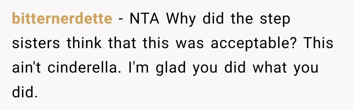 Father Books Separate Hotel Room For Daughter After Stepmother’s Kids Force Her To Sleep On Floor bitternerdette − NTA Why did the step sisters think that this was acceptable? This ain't cinderella. I'm glad you did what you did.