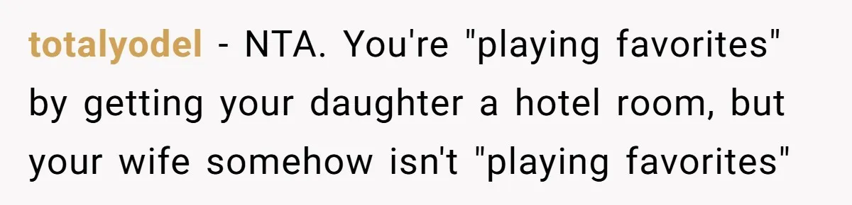 Father Books Separate Hotel Room For Daughter After Stepmother’s Kids Force Her To Sleep On Floor totalyodel − NTA. You're "playing favorites" by getting your daughter a hotel room, but your wife somehow isn't "playing favorites"