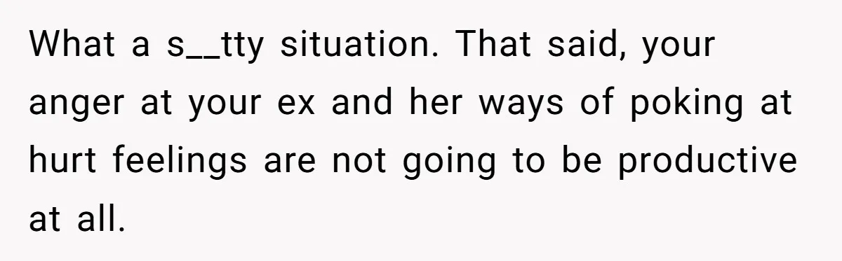 What a s__tty situation. That said, your anger at your ex and her ways of poking at hurt feelings are not going to be productive at all.