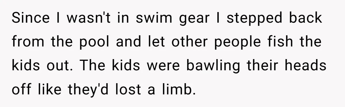 Since I wasn't in swim gear I stepped back from the pool and let other people fish the kids out. The kids were bawling their heads off like they'd lost...