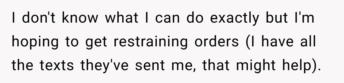 I don't know what I can do exactly but I'm hoping to get restraining orders (I have all the texts they've sent me, that might help).