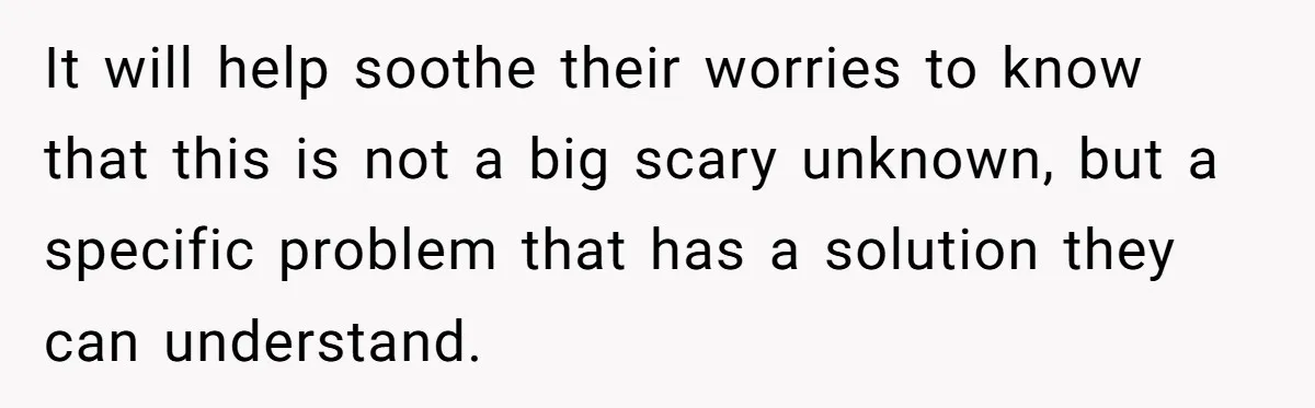 It will help soothe their worries to know that this is not a big scary unknown, but a specific problem that has a solution they can understand.