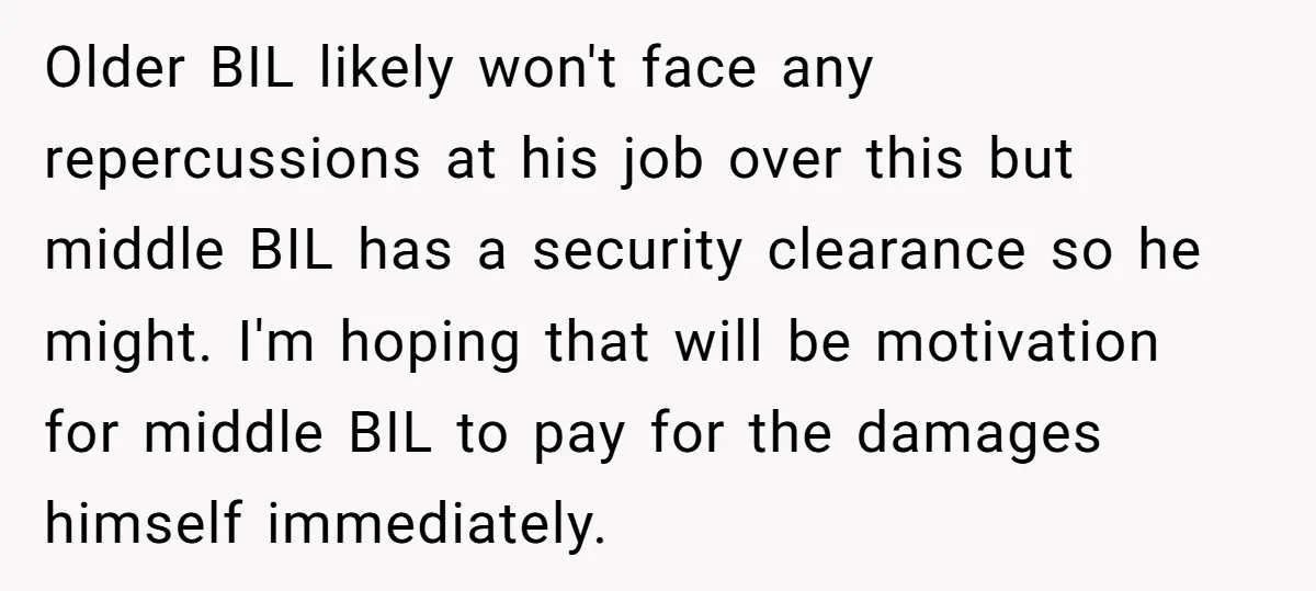 Older BIL likely won't face any repercussions at his job over this but middle BIL has a security clearance so he might. I'm hoping that will be motivation for middle...
