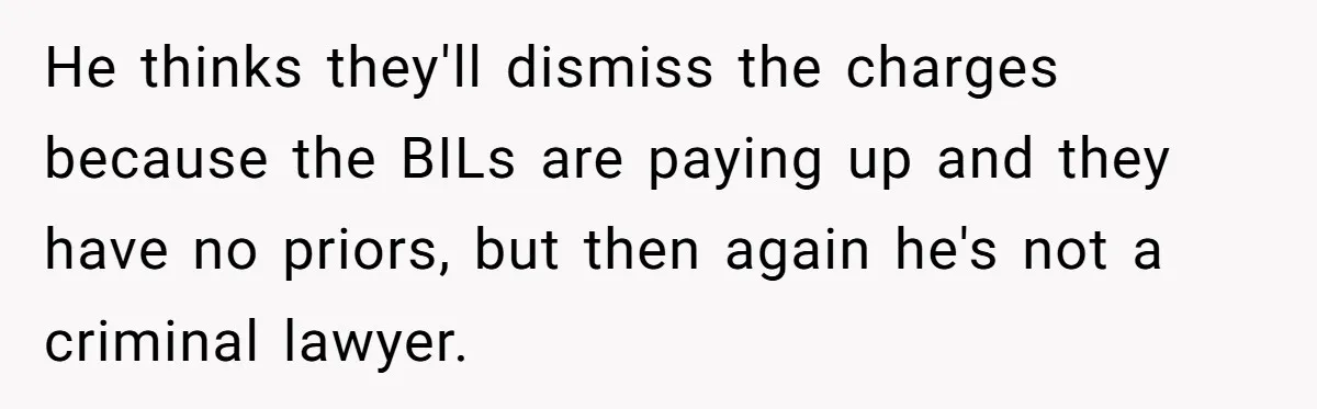 He thinks they'll dismiss the charges because the BILs are paying up and they have no priors, but then again he's not a criminal lawyer.