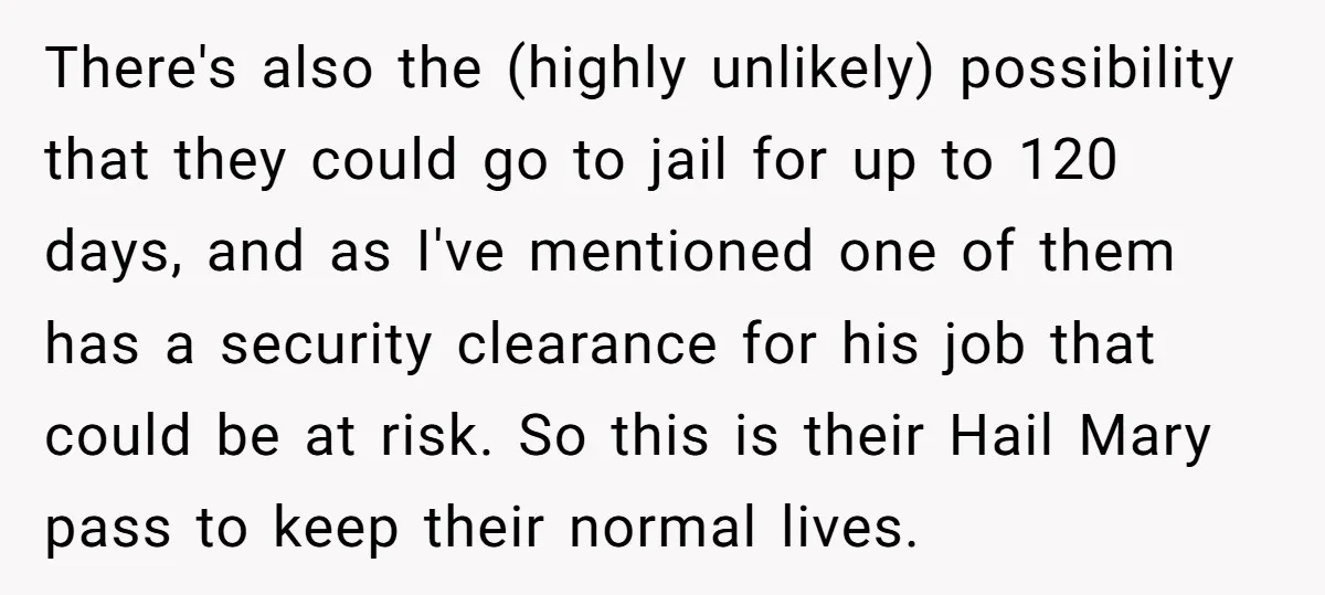 There's also the (highly unlikely) possibility that they could go to jail for up to 120 days, and as I've mentioned one of them has a security clearance for his...