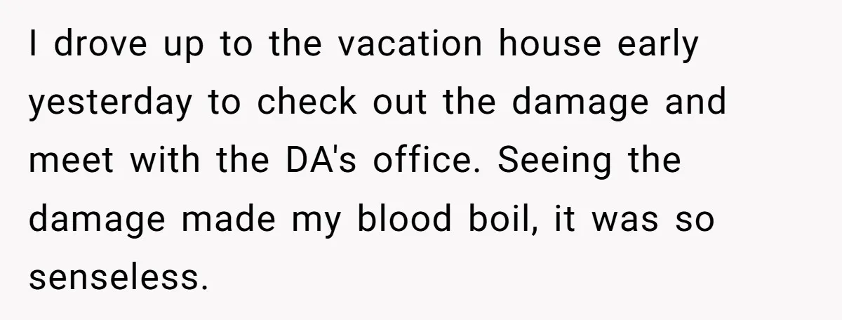 I drove up to the vacation house early yesterday to check out the damage and meet with the DA's office. Seeing the damage made my blood boil, it was so...