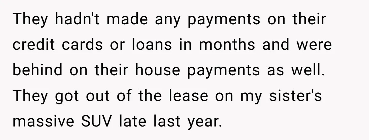 They hadn't made any payments on their credit cards or loans in months and were behind on their house payments as well. They got out of the lease on my...