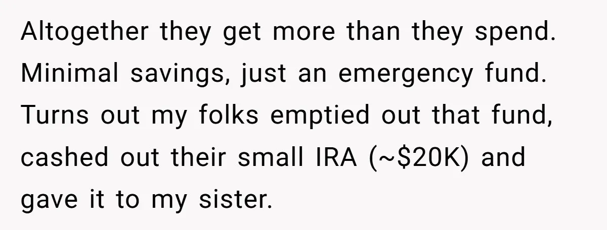 Altogether they get more than they spend. Minimal savings, just an emergency fund. Turns out my folks emptied out that fund, cashed out their small IRA (~$20K) and gave it...